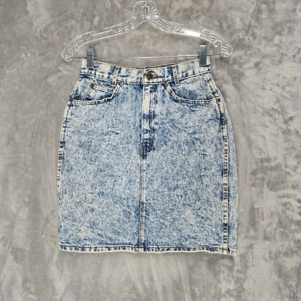 Chic Denim Skirt Womens 7 Blue Acid Wash High Waisted Vintage USA Retro Pencil